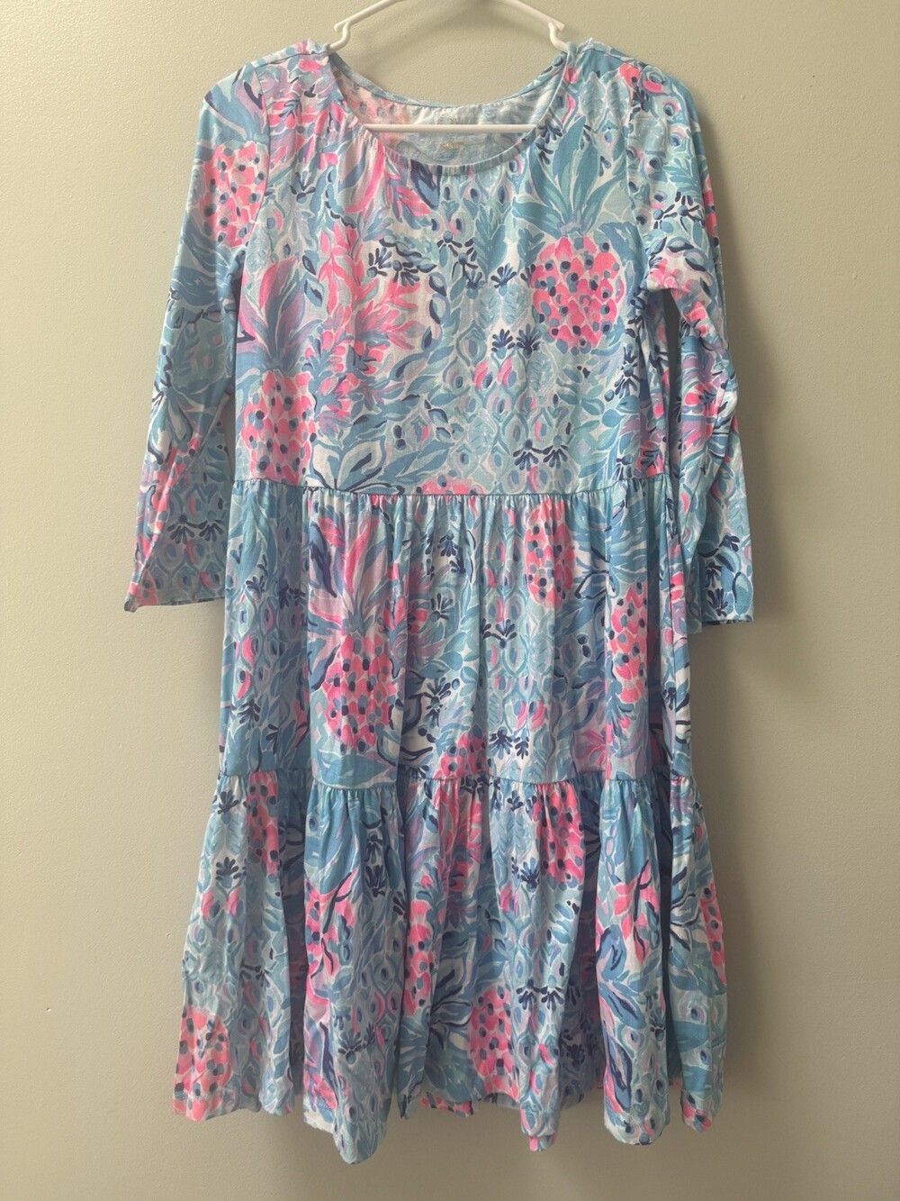 Lilly Pulitzer Geanna Zanzibar Small Tiered A-Line Dress Blue Pink 3/4 Sleeve